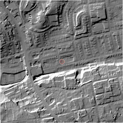 Shaded relief map of the ground around M250LY, computed from Environment Agency LiDAR. The ground here sits at about 65 m above sea level and falls 27 m across the surrounding 800 m. Surface water reaching this point runs off ground lying to the east-south-east, 24.0 m higher.