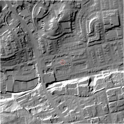 Shaded relief map of the ground around M250LZ, computed from Environment Agency LiDAR. The ground here sits at about 66 m above sea level and falls 27 m across the surrounding 800 m. Surface water reaching this point runs off ground lying to the south-south-east, 23.7 m higher.