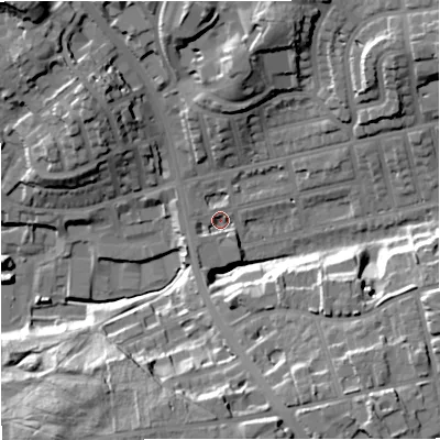 Shaded relief map of the ground around M250NA, computed from Environment Agency LiDAR. The ground here sits at about 65 m above sea level and falls 29 m across the surrounding 800 m. Surface water reaching this point runs off ground lying to the south-east, 23.7 m higher.