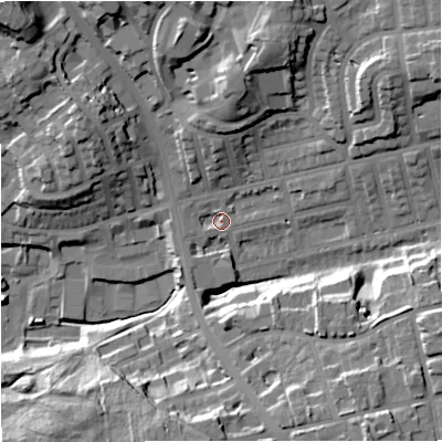 Shaded relief map of the ground around M250ND, computed from Environment Agency LiDAR. The ground here sits at about 66 m above sea level and falls 29 m across the surrounding 800 m. Surface water reaching this point runs off ground lying to the south-east, 23.7 m higher.