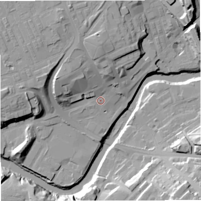 Shaded relief map of the ground around M261AB, computed from Environment Agency LiDAR. The ground here sits at about 66 m above sea level and falls 31 m across the surrounding 800 m. Surface water reaching this point runs off ground lying to the north, 14.5 m higher.