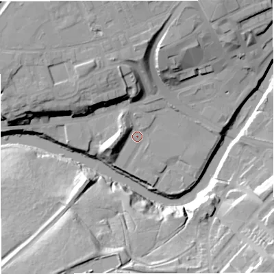 Shaded relief map of the ground around M261AD, computed from Environment Agency LiDAR. The ground here sits at about 64 m above sea level and falls 31 m across the surrounding 800 m. Surface water reaching this point runs off ground lying to the north-north-west, 15.7 m higher.
