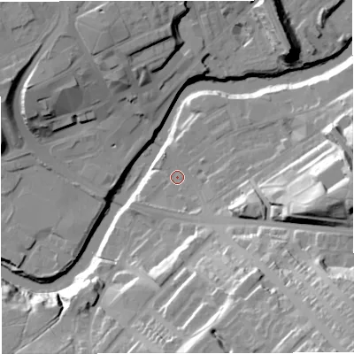 Shaded relief map of the ground around M261AJ, computed from Environment Agency LiDAR. The ground here sits at about 64 m above sea level and falls 43 m across the surrounding 800 m. Surface water reaching this point runs off ground lying to the south-east, 2.8 m higher.