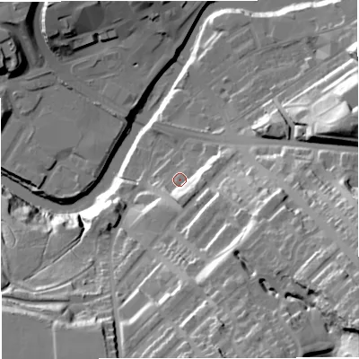 Shaded relief map of the ground around M261AL, computed from Environment Agency LiDAR. The ground here sits at about 66 m above sea level and falls 48 m across the surrounding 800 m. Surface water reaching this point runs off ground lying to the south-south-east, 9.7 m higher.