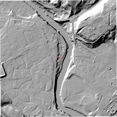 Shaded relief map of the ground around M261AT, computed from Environment Agency LiDAR. The ground here sits at about 46 m above sea level and falls 49 m across the surrounding 800 m. Surface water reaching this point runs off ground lying to the west, 7.2 m higher.