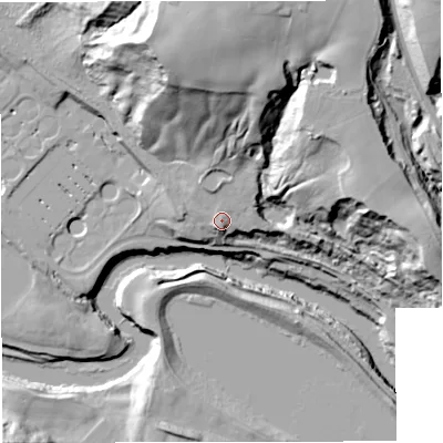 Shaded relief map of the ground around M261EW, computed from Environment Agency LiDAR. The ground here sits at about 52 m above sea level and falls 55 m across the surrounding 800 m. Surface water reaching this point runs off ground lying to the north-east, 9.2 m higher.