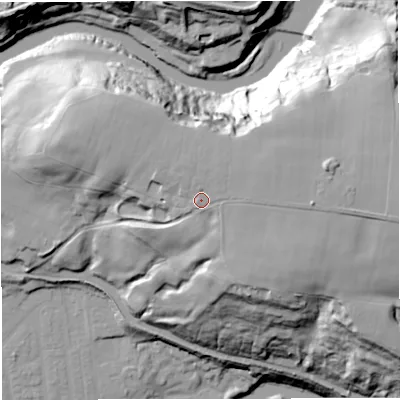 Shaded relief map of the ground around M261FJ, computed from Environment Agency LiDAR. The ground here sits at about 89 m above sea level and falls 55 m across the surrounding 800 m. Surface water reaching this point runs off ground lying to the east-north-east, 7.1 m higher.