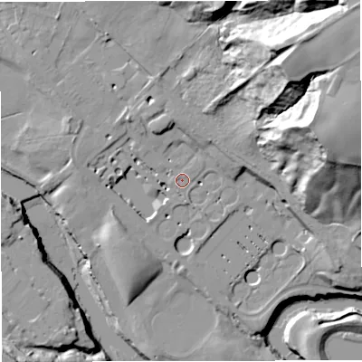 Shaded relief map of the ground around M261FL, computed from Environment Agency LiDAR. The ground here sits at about 46 m above sea level and falls 56 m across the surrounding 800 m. Surface water reaching this point runs off ground lying to the south-south-west, 1.0 m higher.