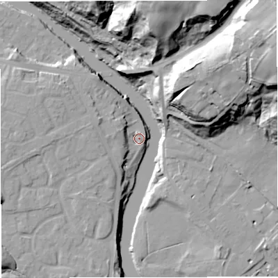 Shaded relief map of the ground around M261GT, computed from Environment Agency LiDAR. The ground here sits at about 45 m above sea level and falls 52 m across the surrounding 800 m. Surface water reaching this point runs off ground lying to the west, 6.0 m higher.