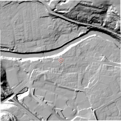Shaded relief map of the ground around M261HF, computed from Environment Agency LiDAR. The ground here sits at about 51 m above sea level and falls 51 m across the surrounding 800 m. Surface water reaching this point runs off ground lying to the east-south-east, 0.7 m higher.