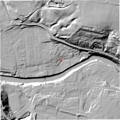 Shaded relief map of the ground around M261HU, computed from Environment Agency LiDAR. The ground here sits at about 46 m above sea level and falls 55 m across the surrounding 800 m. Surface water reaching this point runs off ground lying to the north-west, 6.2 m higher.