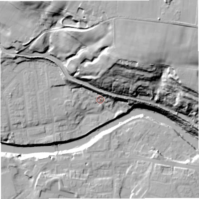 Shaded relief map of the ground around M261HY, computed from Environment Agency LiDAR. The ground here sits at about 48 m above sea level and falls 55 m across the surrounding 800 m. Surface water reaching this point runs off ground lying to the north, 8.8 m higher.