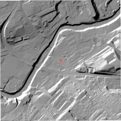 Shaded relief map of the ground around M261LJ, computed from Environment Agency LiDAR. The ground here sits at about 64 m above sea level and falls 45 m across the surrounding 800 m. Surface water reaching this point runs off ground lying to the south-east, 37.9 m higher.