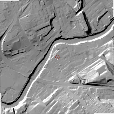Shaded relief map of the ground around M261NE, computed from Environment Agency LiDAR. The ground here sits at about 64 m above sea level and falls 40 m across the surrounding 800 m. Surface water reaching this point runs off ground lying to the east-south-east, 26.1 m higher.