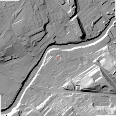 Shaded relief map of the ground around M261NF, computed from Environment Agency LiDAR. The ground here sits at about 65 m above sea level and falls 38 m across the surrounding 800 m. Surface water reaching this point runs off ground lying to the east, 1.7 m higher.