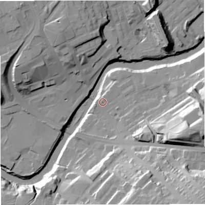 Shaded relief map of the ground around M261NW, computed from Environment Agency LiDAR. The ground here sits at about 64 m above sea level and falls 39 m across the surrounding 800 m. Surface water reaching this point runs off ground lying to the south-east, 33.8 m higher.