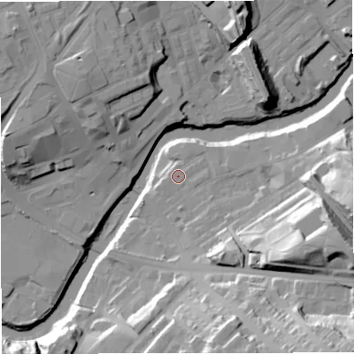 Shaded relief map of the ground around M261NZ, computed from Environment Agency LiDAR. The ground here sits at about 65 m above sea level and falls 40 m across the surrounding 800 m. Surface water reaching this point runs off ground lying to the east, 2.0 m higher.
