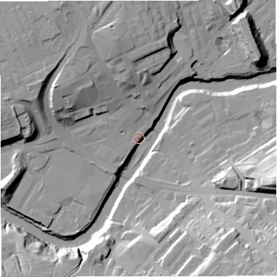 Shaded relief map of the ground around M261PN, computed from Environment Agency LiDAR. The ground here sits at about 64 m above sea level and falls 36 m across the surrounding 800 m. Surface water reaching this point runs off ground lying to the north-north-west, 22.1 m higher.