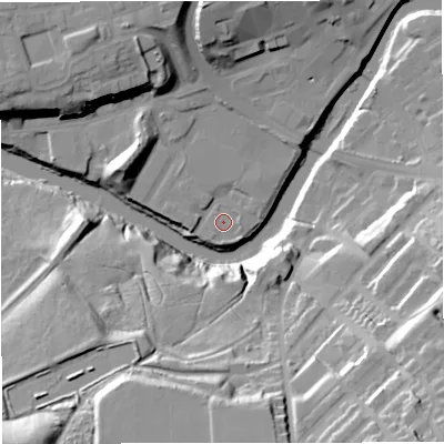 Shaded relief map of the ground around M261PX, computed from Environment Agency LiDAR. The ground here sits at about 63 m above sea level and falls 43 m across the surrounding 800 m. Surface water reaching this point runs off ground lying to the east-north-east, 1.2 m higher.