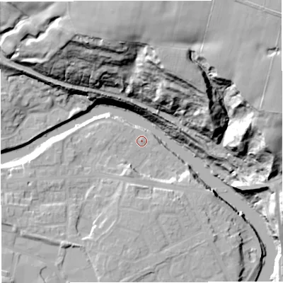 Shaded relief map of the ground around M261QH, computed from Environment Agency LiDAR. The ground here sits at about 46 m above sea level and falls 53 m across the surrounding 800 m. Surface water reaching this point runs off ground lying to the west-south-west, 7.8 m higher.
