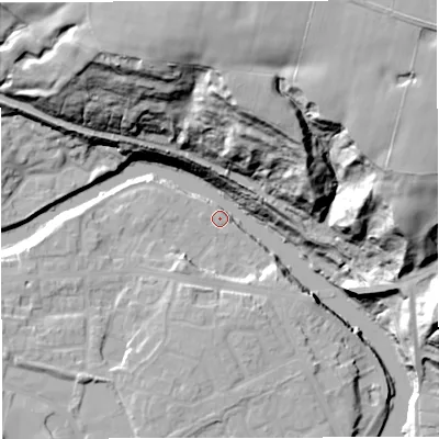 Shaded relief map of the ground around M261QJ, computed from Environment Agency LiDAR. The ground here sits at about 46 m above sea level and falls 53 m across the surrounding 800 m. Surface water reaching this point runs off ground lying to the north-north-east, 52.4 m higher.