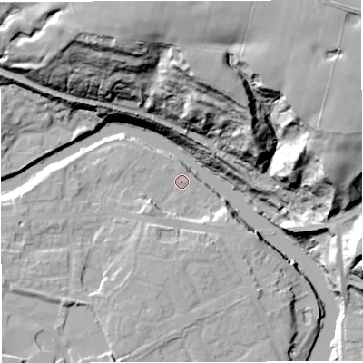 Shaded relief map of the ground around M261QP, computed from Environment Agency LiDAR. The ground here sits at about 46 m above sea level and falls 53 m across the surrounding 800 m. Surface water reaching this point runs off ground lying to the south-west, 5.7 m higher.