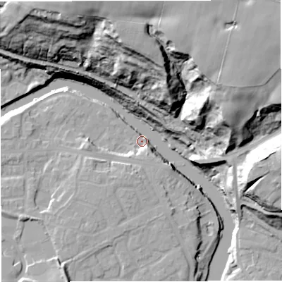 Shaded relief map of the ground around M261QR, computed from Environment Agency LiDAR. The ground here sits at about 45 m above sea level and falls 52 m across the surrounding 800 m. Surface water reaching this point runs off ground lying to the north-north-east, 51.8 m higher.