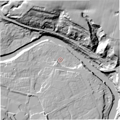 Shaded relief map of the ground around M261QS, computed from Environment Agency LiDAR. The ground here sits at about 46 m above sea level and falls 52 m across the surrounding 800 m. Surface water reaching this point runs off ground lying to the south-south-west, 5.4 m higher.