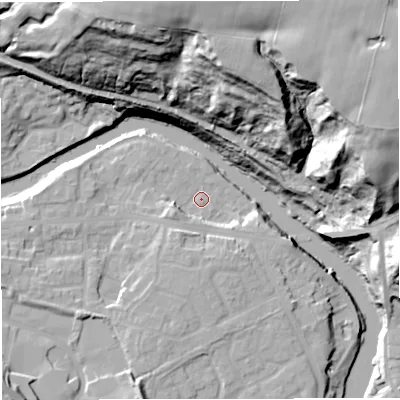 Shaded relief map of the ground around M261QT, computed from Environment Agency LiDAR. The ground here sits at about 46 m above sea level and falls 52 m across the surrounding 800 m. Surface water reaching this point runs off ground lying to the west-south-west, 5.5 m higher.