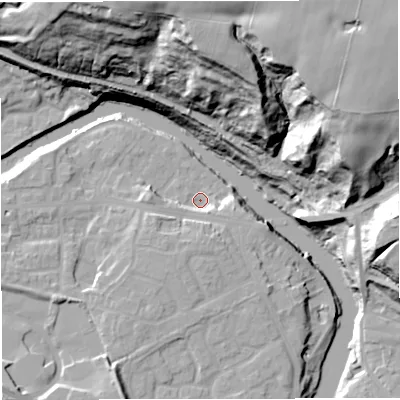 Shaded relief map of the ground around M261QU, computed from Environment Agency LiDAR. The ground here sits at about 46 m above sea level and falls 51 m across the surrounding 800 m. Surface water reaching this point runs off ground lying to the south-south-west, 6.9 m higher.