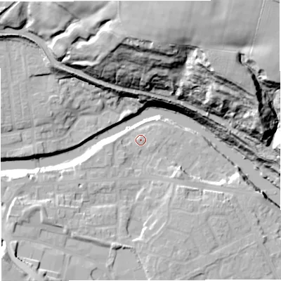 Shaded relief map of the ground around M261RF, computed from Environment Agency LiDAR. The ground here sits at about 48 m above sea level and falls 53 m across the surrounding 800 m. Surface water reaching this point runs off ground lying to the south-west, 2.8 m higher.
