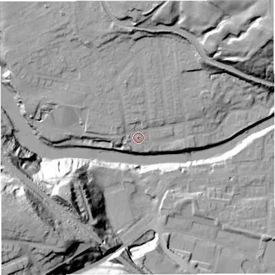 Shaded relief map of the ground around M261RJ, computed from Environment Agency LiDAR. The ground here sits at about 48 m above sea level and falls 57 m across the surrounding 800 m. Surface water reaching this point runs off ground lying to the north-north-west, 9.7 m higher.