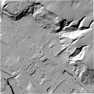 Shaded relief map of the ground around M261TF, computed from Environment Agency LiDAR. The ground here sits at about 51 m above sea level and falls 59 m across the surrounding 800 m. Surface water reaching this point runs off ground lying to the north-east, 10.2 m higher.