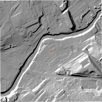 Shaded relief map of the ground around M261WD, computed from Environment Agency LiDAR. The ground here sits at about 65 m above sea level and falls 40 m across the surrounding 800 m. Surface water reaching this point runs off ground lying to the east-south-east, 25.8 m higher.