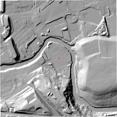 Shaded relief map of the ground around M261WN, computed from Environment Agency LiDAR. The ground here sits at about 62 m above sea level and falls 37 m across the surrounding 800 m. Surface water reaching this point runs off ground lying to the south, 32.9 m higher.