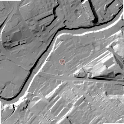 Shaded relief map of the ground around M261WR, computed from Environment Agency LiDAR. The ground here sits at about 64 m above sea level and falls 46 m across the surrounding 800 m. Surface water reaching this point runs off ground lying to the south-east, 39.3 m higher.