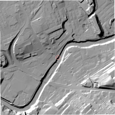 Shaded relief map of the ground around M261WW, computed from Environment Agency LiDAR. The ground here sits at about 64 m above sea level and falls 35 m across the surrounding 800 m. Surface water reaching this point runs off ground lying to the south-east, 34.1 m higher.