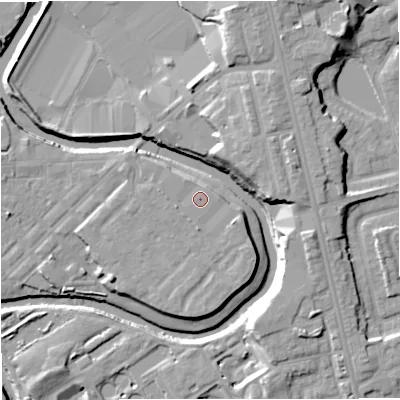 Shaded relief map of the ground around M262AD, computed from Environment Agency LiDAR. The ground here sits at about 69 m above sea level and falls 16 m across the surrounding 800 m. The ground contributing surface water to this point lies to the south-west.