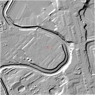 Shaded relief map of the ground around M262AF, computed from Environment Agency LiDAR. The ground here sits at about 69 m above sea level and falls 15 m across the surrounding 800 m. Surface water reaching this point runs off ground lying to the east, 1.8 m higher.