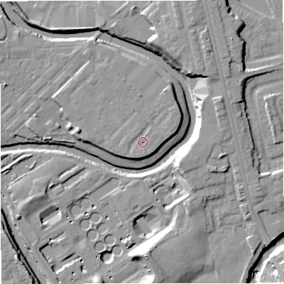 Shaded relief map of the ground around M262AG, computed from Environment Agency LiDAR. The ground here sits at about 69 m above sea level and falls 15 m across the surrounding 800 m. Surface water reaching this point runs off ground lying to the south-south-east, 1.4 m higher.