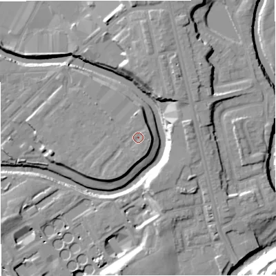 Shaded relief map of the ground around M262AH, computed from Environment Agency LiDAR. The ground here sits at about 69 m above sea level and falls 26 m across the surrounding 800 m. Surface water reaching this point runs off ground lying to the east-north-east, 1.2 m higher.