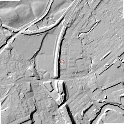 Shaded relief map of the ground around M262AN, computed from Environment Agency LiDAR. The ground here sits at about 69 m above sea level and falls 28 m across the surrounding 800 m. Surface water reaching this point runs off ground lying to the north-west, 6.6 m higher.