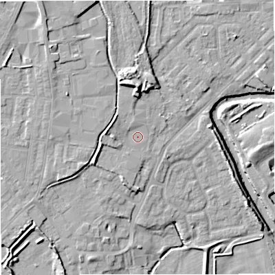 Shaded relief map of the ground around M262BD, computed from Environment Agency LiDAR. The ground here sits at about 69 m above sea level and falls 14 m across the surrounding 800 m. Surface water reaching this point runs off ground lying to the west, 3.9 m higher.