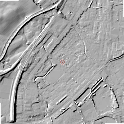 Shaded relief map of the ground around M262BN, computed from Environment Agency LiDAR. The ground here sits at about 70 m above sea level and falls 19 m across the surrounding 800 m. Surface water reaching this point runs off ground lying to the north, 10.6 m higher.