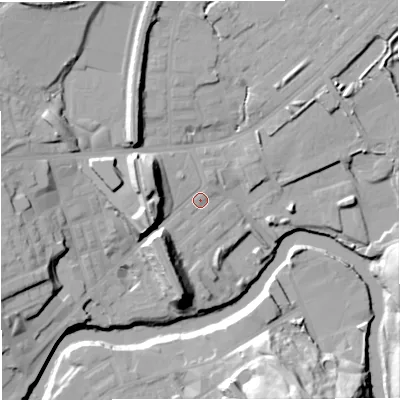 Shaded relief map of the ground around M262BY, computed from Environment Agency LiDAR. The ground here sits at about 66 m above sea level and falls 32 m across the surrounding 800 m. Surface water reaching this point runs off ground lying to the north-west, 0.9 m higher.