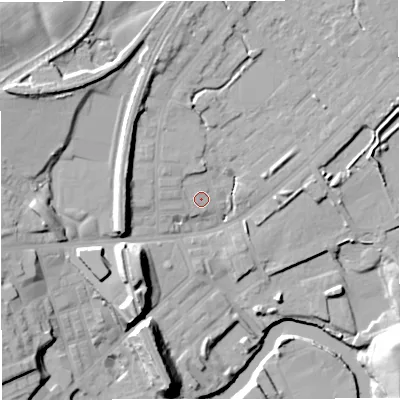 Shaded relief map of the ground around M262FU, computed from Environment Agency LiDAR. The ground here sits at about 67 m above sea level and falls 22 m across the surrounding 800 m. Surface water reaching this point runs off ground lying to the north, 2.6 m higher.