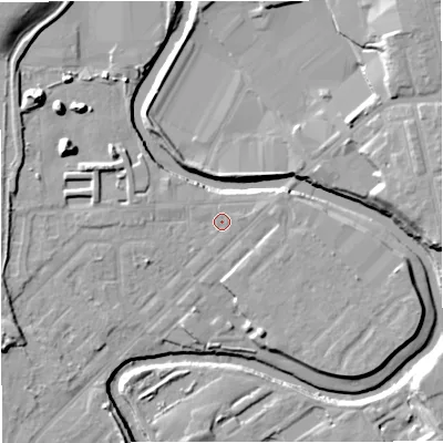 Shaded relief map of the ground around M262GA, computed from Environment Agency LiDAR. The ground here sits at about 68 m above sea level and falls 16 m across the surrounding 800 m. Surface water reaching this point runs off ground lying to the east-north-east, 0.9 m higher.