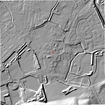 Shaded relief map of the ground around M262GB, computed from Environment Agency LiDAR. The ground here sits at about 68 m above sea level and falls 19 m across the surrounding 800 m. Surface water reaching this point runs off ground lying to the west-north-west, 4.3 m higher.