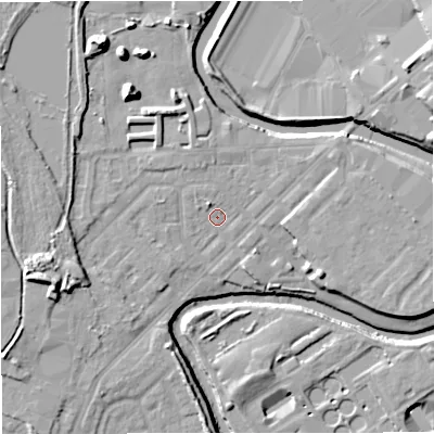 Shaded relief map of the ground around M262GD, computed from Environment Agency LiDAR. The ground here sits at about 67 m above sea level and falls 14 m across the surrounding 800 m. Surface water reaching this point runs off ground lying to the north-north-west, 2.2 m higher.