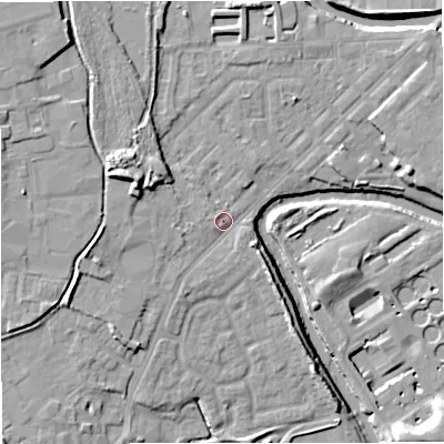 Shaded relief map of the ground around M262GE, computed from Environment Agency LiDAR. The ground here sits at about 68 m above sea level and falls 14 m across the surrounding 800 m. Surface water reaching this point runs off ground lying to the west, 3.5 m higher.